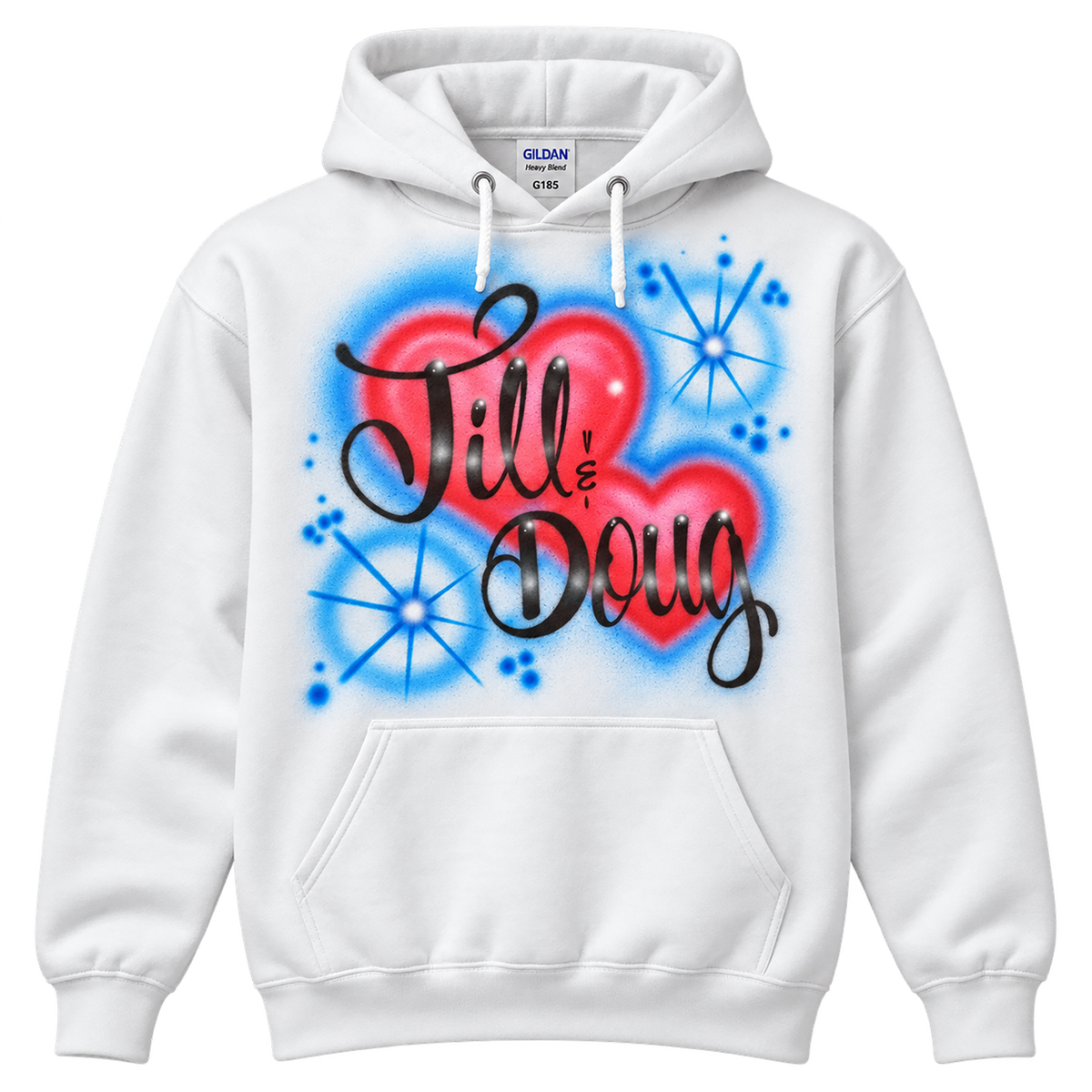 A white hoodie with a graphic design featuring the text "Jill & Doug" and various colorful elements such as hearts and stars.