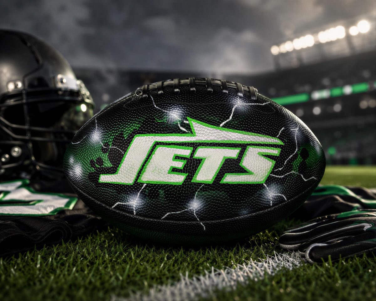 A football with the word "JETS" on it, along with a helmet and other football gear, is placed on a grassy field.