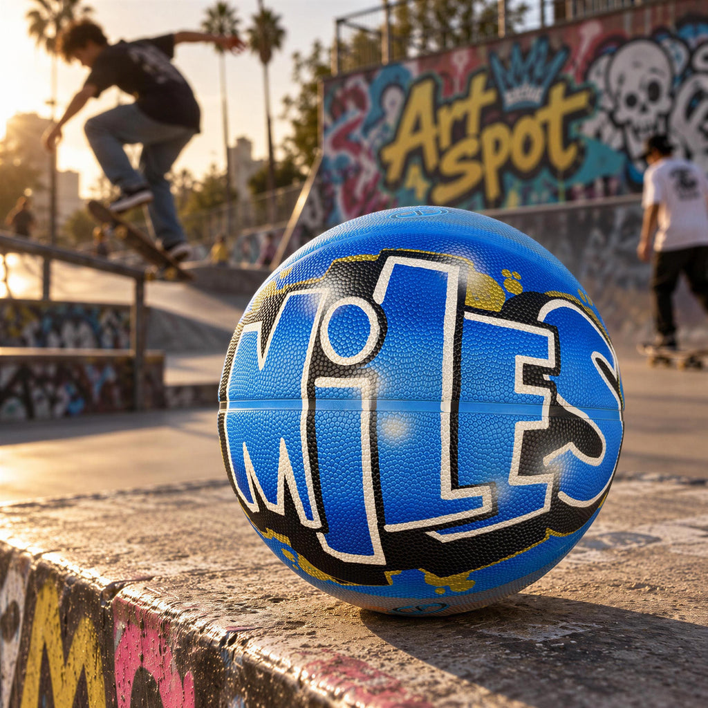 A blue basketball with the word "Miles" written on it, sitting on a concrete ledge at a skate park with graffiti-covered walls in the background.