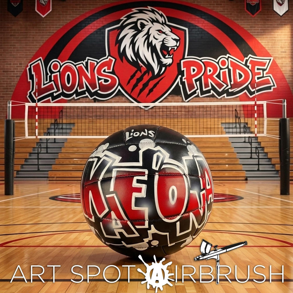 a volleyball with the word "LIONS" written on it, placed on a basketball court with a basketball hoop and net in the background.
