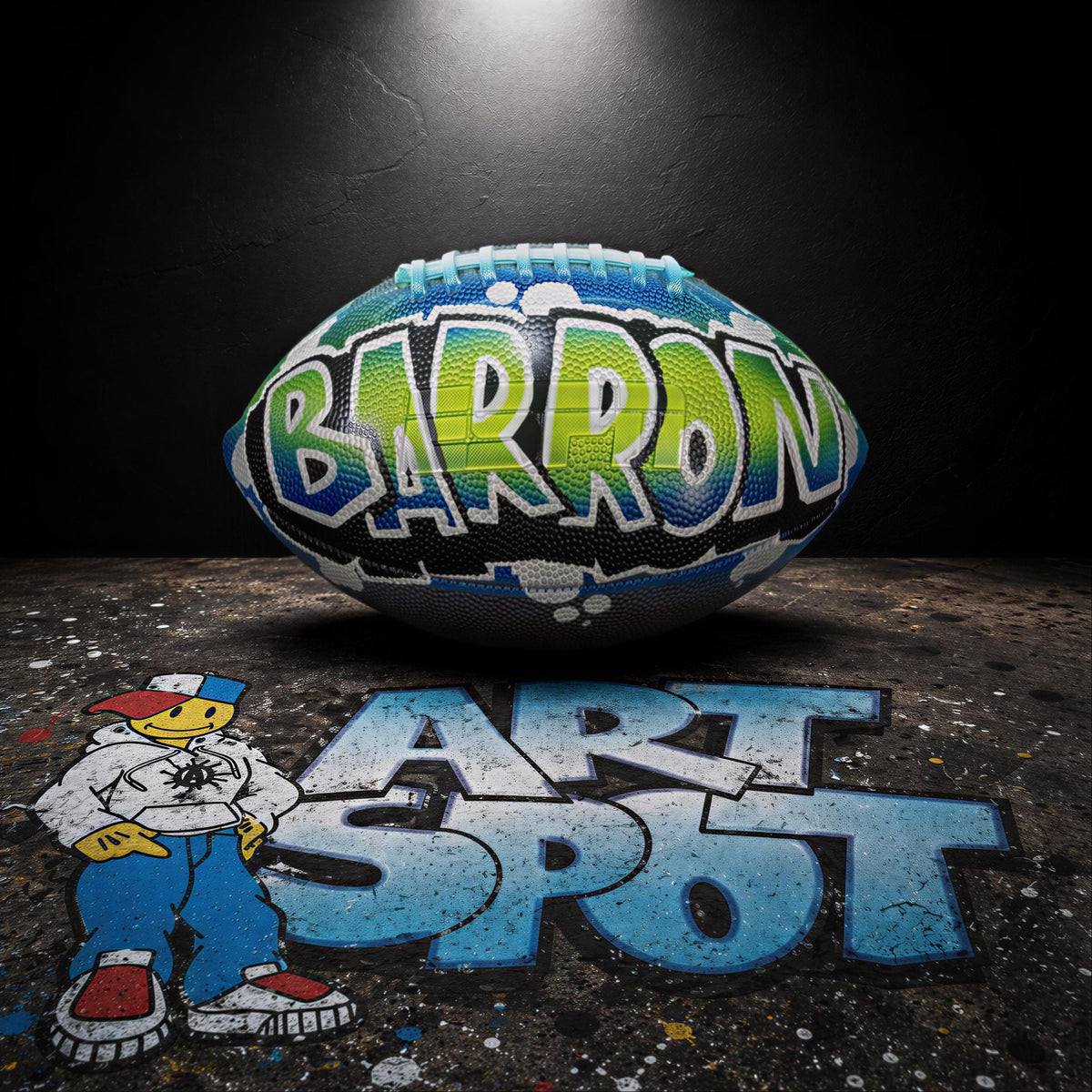 a football with the word "BARRON" written on it, along with a cartoon character standing next to it. The background appears to be a dark, graffiti-style surface.