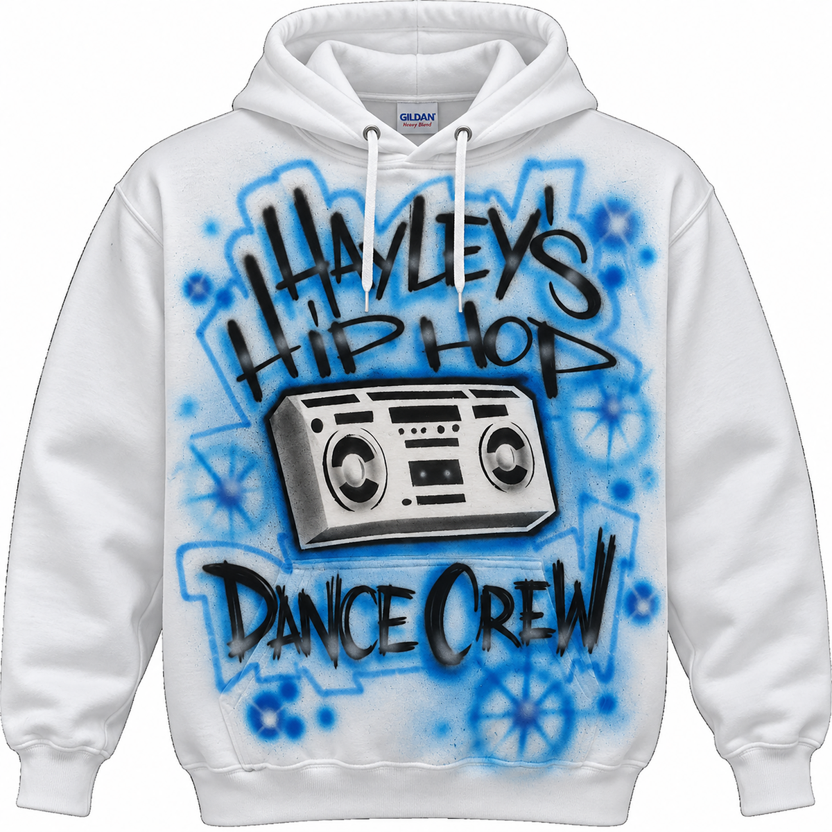 A white hoodie with a graphic design featuring a boombox and the text "HAMLEYShip Hop Dance Crew" in blue and black spray paint.