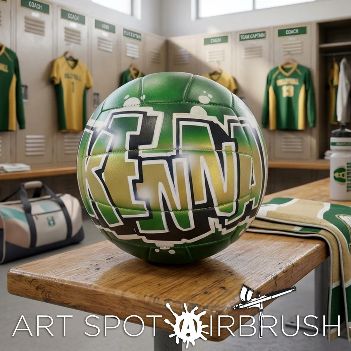 a green and gold volleyball with the name "KENNA" written on it, placed on a wooden bench in a locker room.