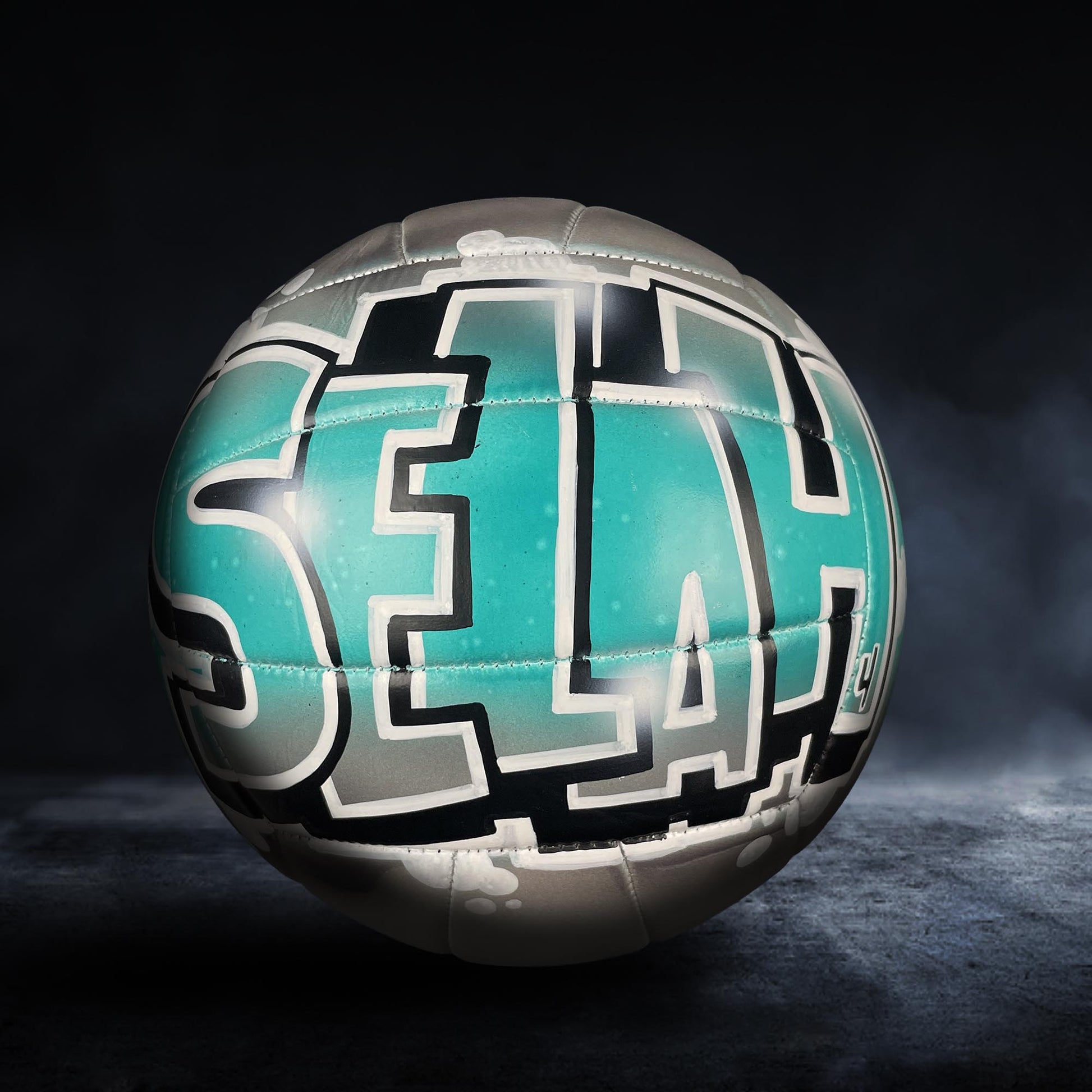 A volleyball with the word "SEAL" painted on it, set against a dark background with a misty or foggy effect.