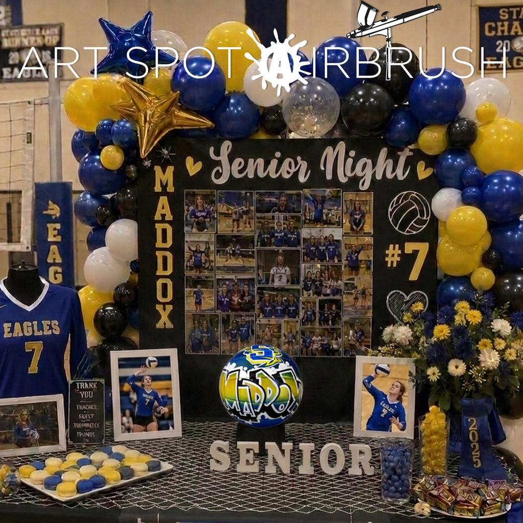 The image is a display for a senior night event, featuring a collage of photos, balloons, and a sign that reads "SENIOR NIGHT", and a custom volleyball from Art Spot Airbrush