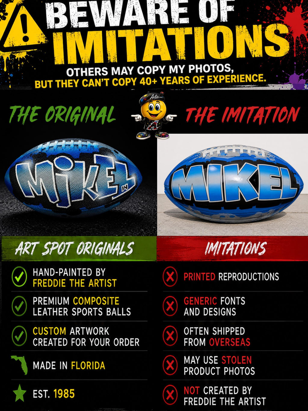 The image is a warning about imitations of the original Mikel football, featuring a hand-painted version and a printed reproduction.