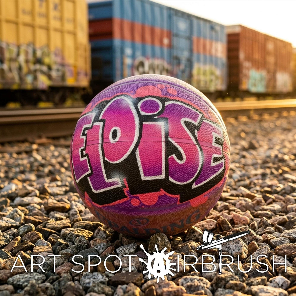 A basketball with the word "ELISE" painted on it, sitting on a bed of rocks. In the background, there are train cars and graffiti on the train cars.