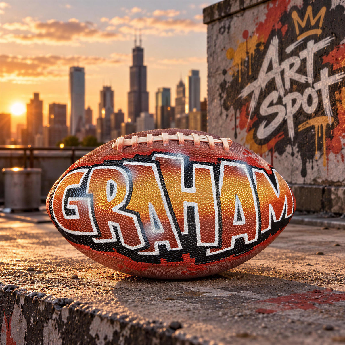 A football with the name "GRAHAM" painted on it, sitting on a concrete surface with a city skyline in the background during sunset.
