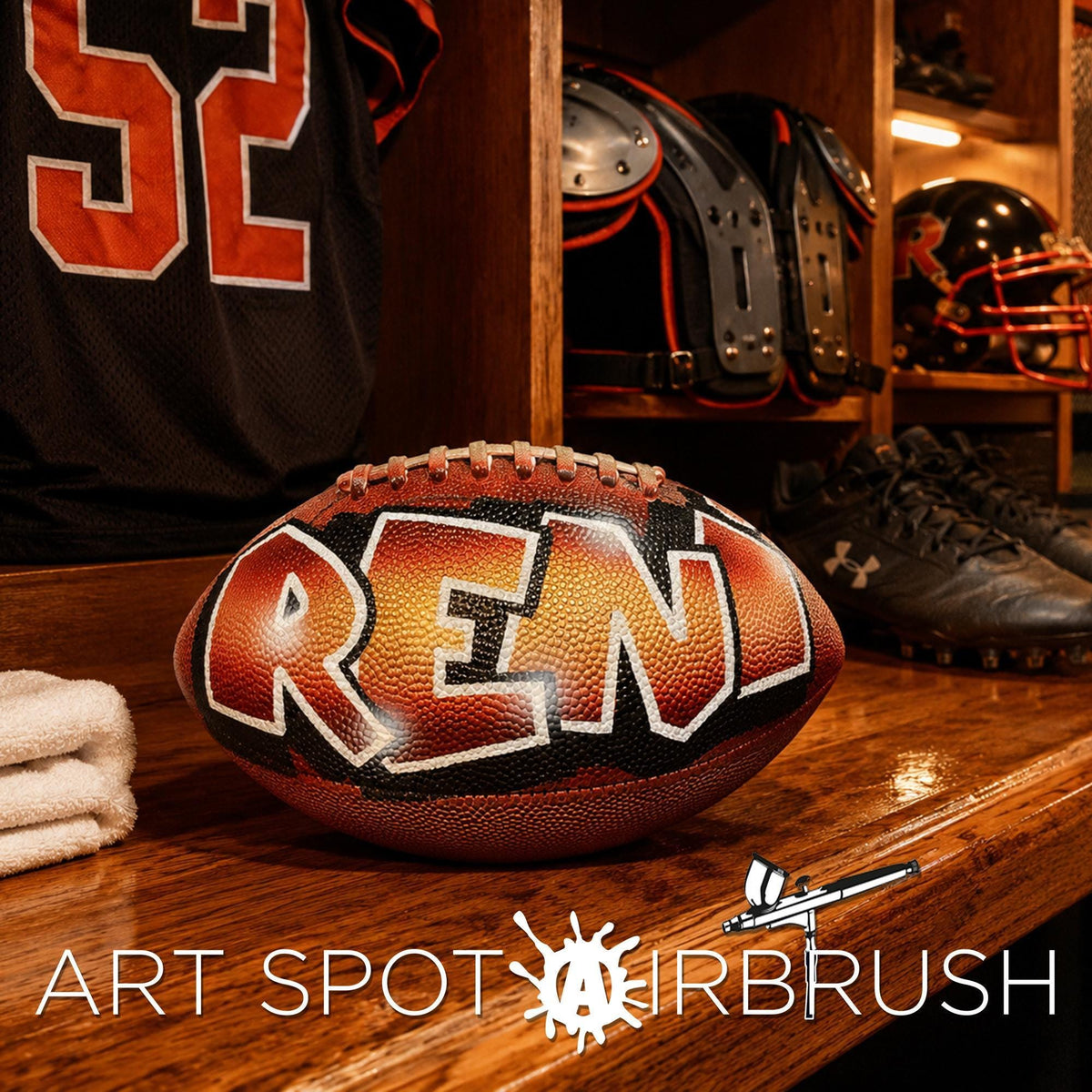 a personalized custom football with the name "RENI" painted on it, along with various football gear such as helmets and pads displayed in a locker room setting.