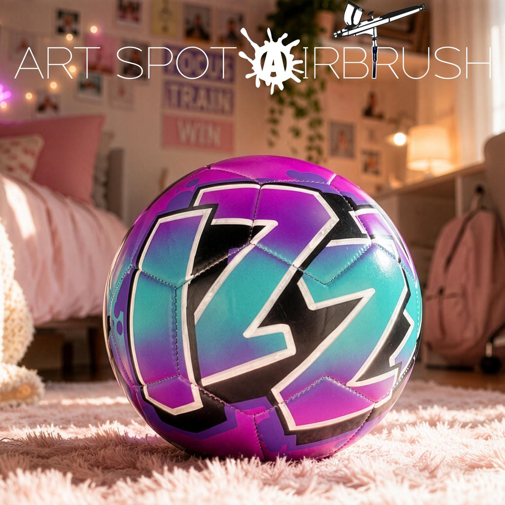 A colorful soccer ball with a unique design sits on a carpeted floor in a bedroom.