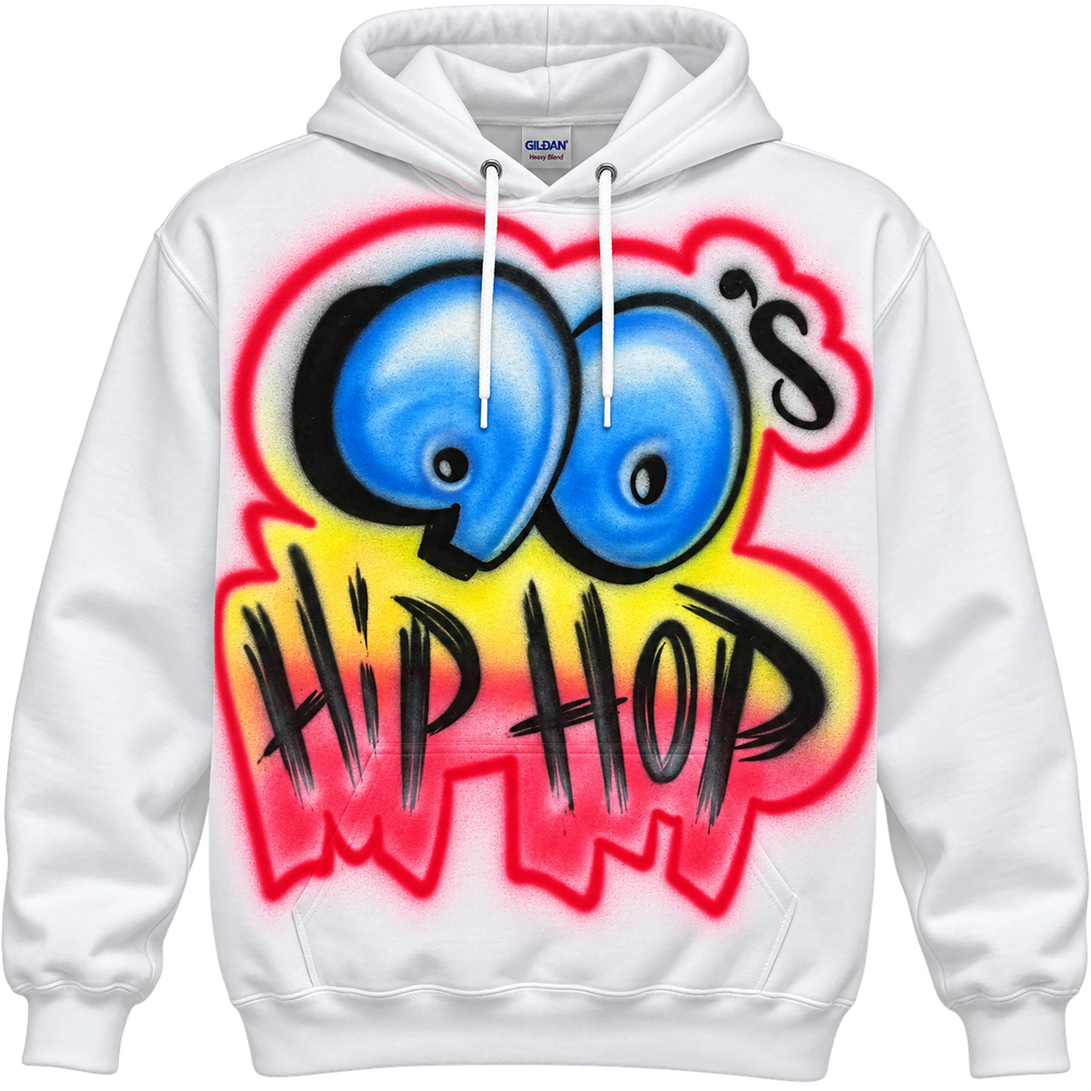 A white hoodie with a graphic design featuring the text "Hip Hop" in a stylized font, along with a stylized representation of a hip hop symbol.