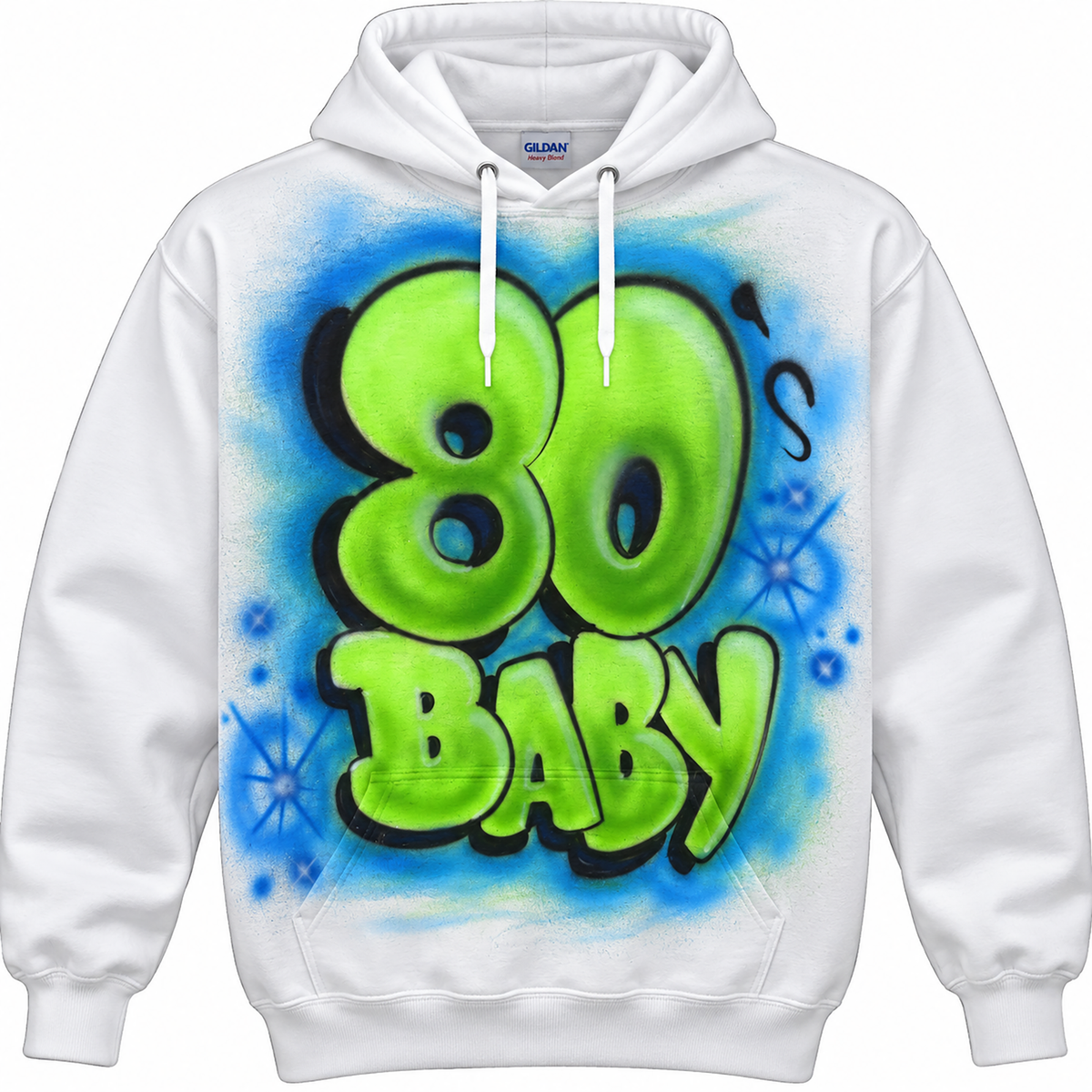 A white hoodie with a graphic design featuring the text "80 BABY" in a stylized, graffiti-like font.