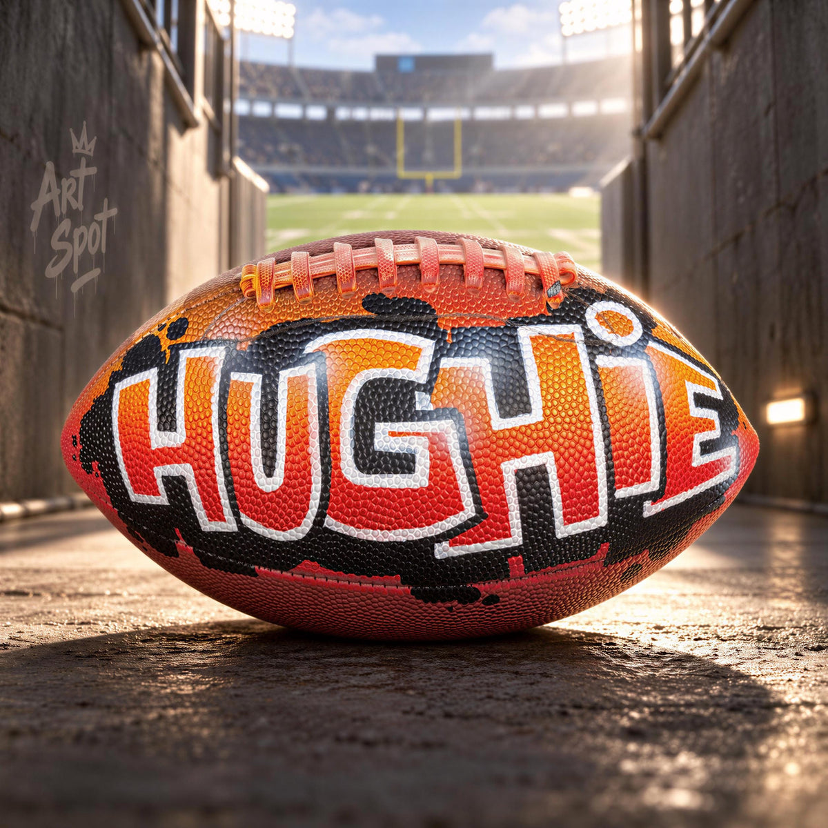 A football with the word "HUGHE" painted on it, sitting on a concrete surface in a stadium.