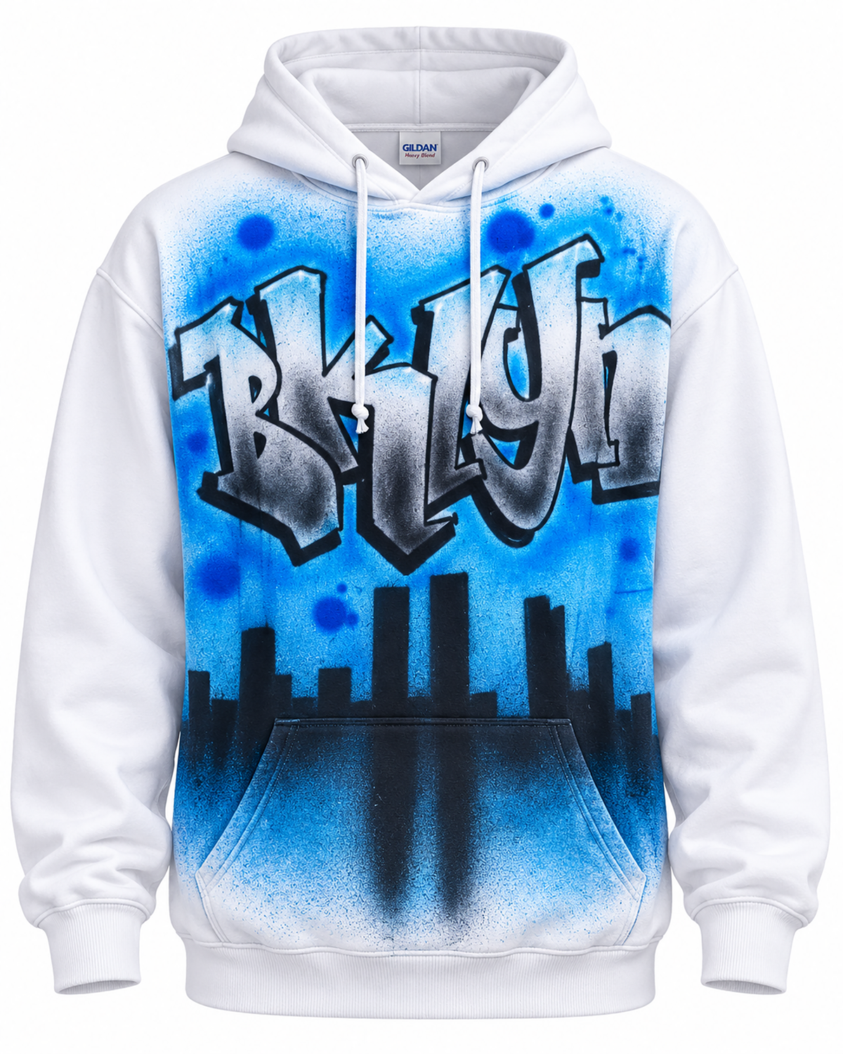 A white hoodie with a graffiti-style design featuring the word "B Brooklyn" in blue and black colors.