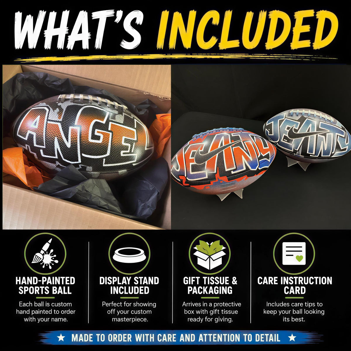 The image is a collage of two images, each featuring a football (or sports ball) with a unique name written on it. The collage includes text descriptions of the items, such as "What's Included", "Hand-painted sports ball", "Display stand included", "Gift tissue & packaging", and "Care instruction card". The collage is made to order with care and attention to detail, and it is not a single image but a collection of images.