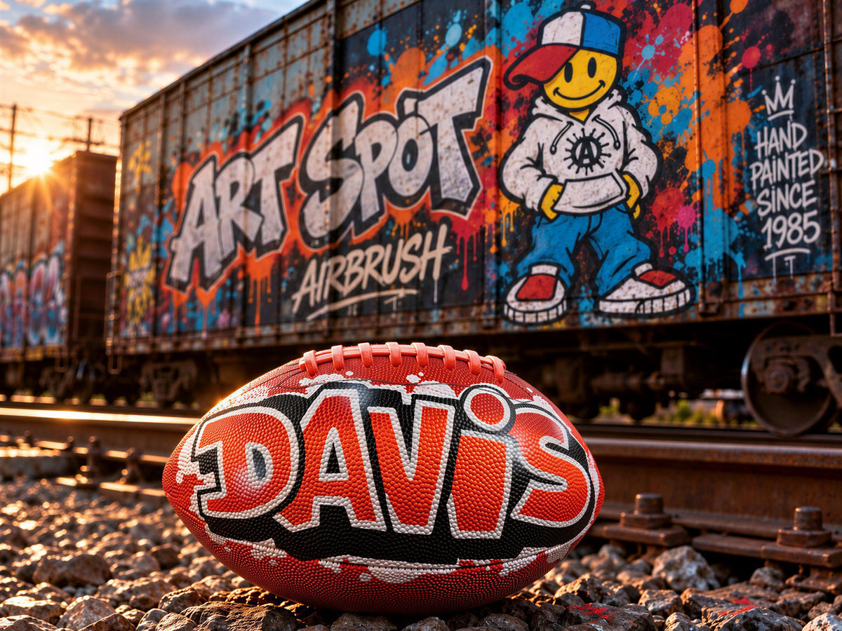 A red and black football with the word "DAVIS" on it, placed on a rocky surface in front of a graffiti-covered train car.