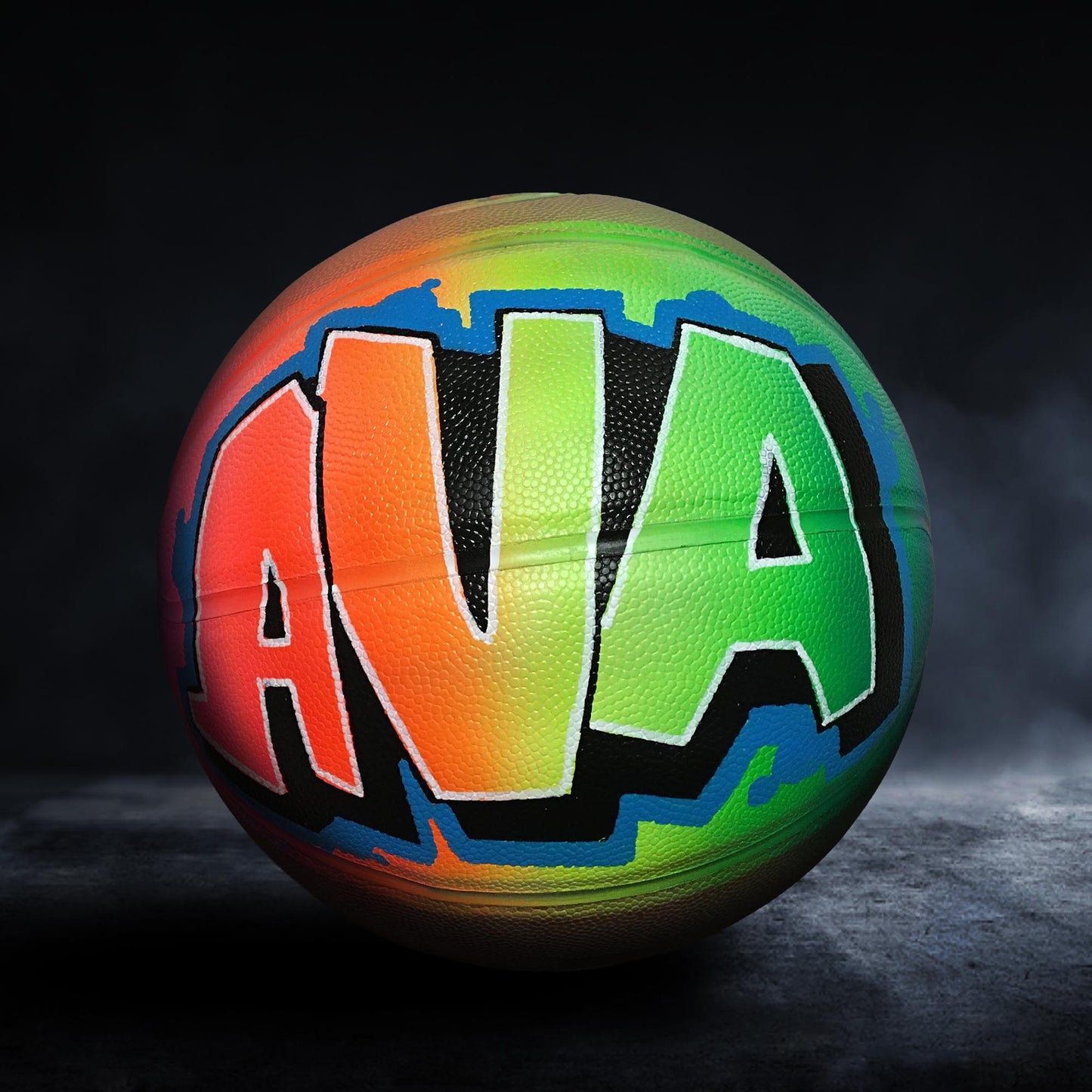 A colorful basketball with the word "AVA" painted on it.