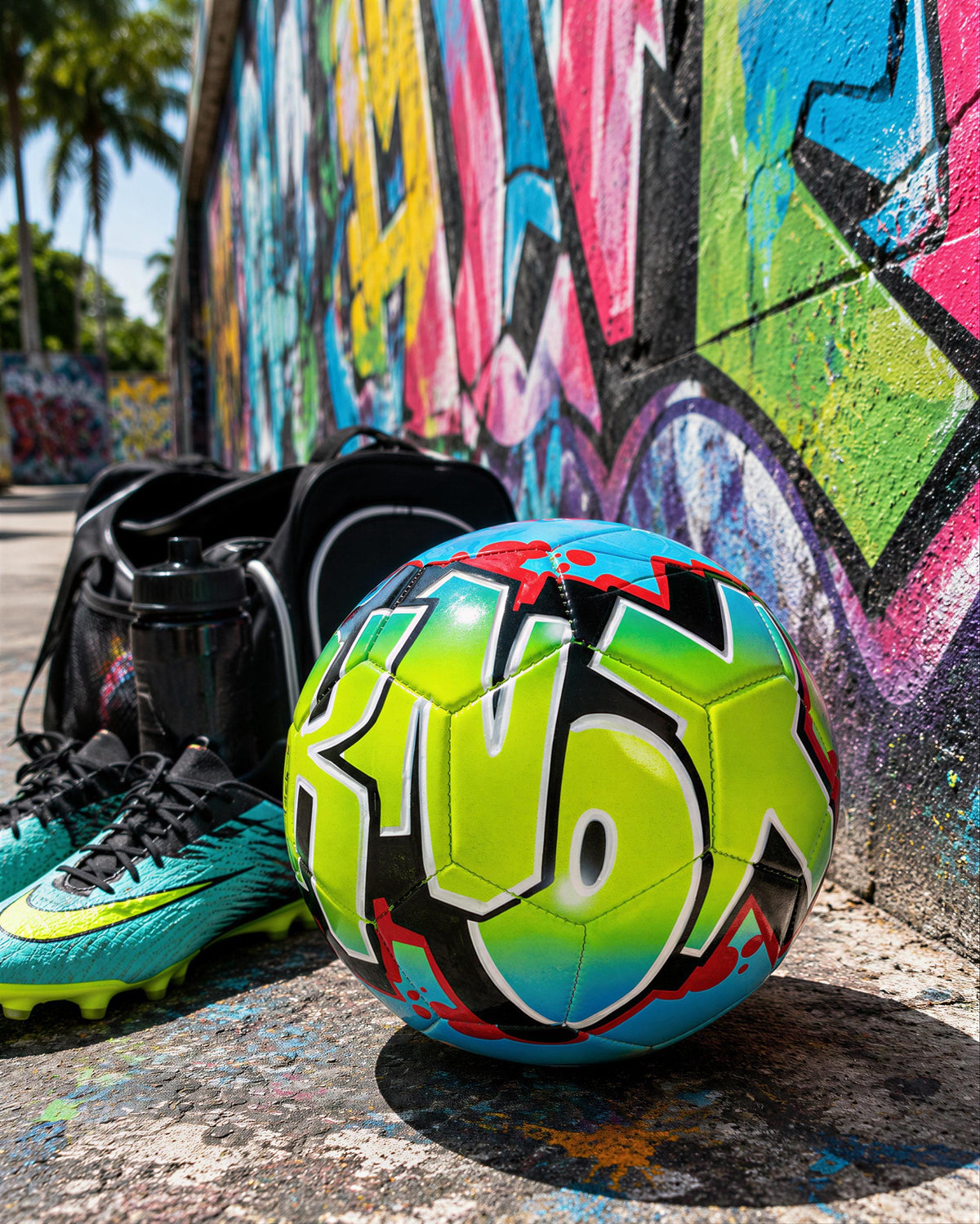 A soccer ball with colorful graffiti on it, along with a pair of sneakers and a black bag, are placed on a concrete surface against a vibrant graffiti-covered wall.