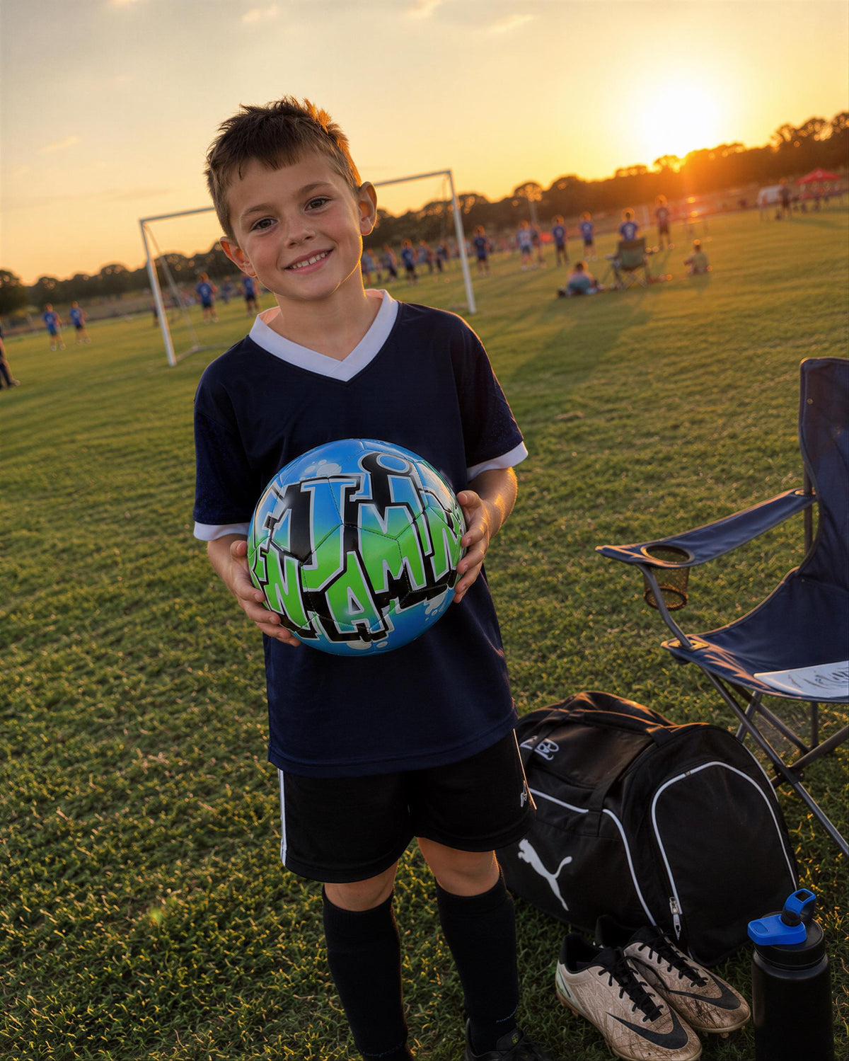 A young boy in a blue soccer jersey is holding a soccer ball with the word "LIGHT" written on it, standing on a grassy field during a sunset.