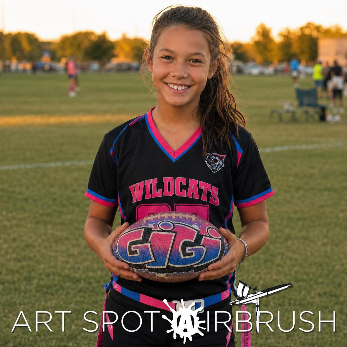 A young girl in a black and pink sports uniform holding a custom football personalized with the word "GIG" on it, smiling at the camera.