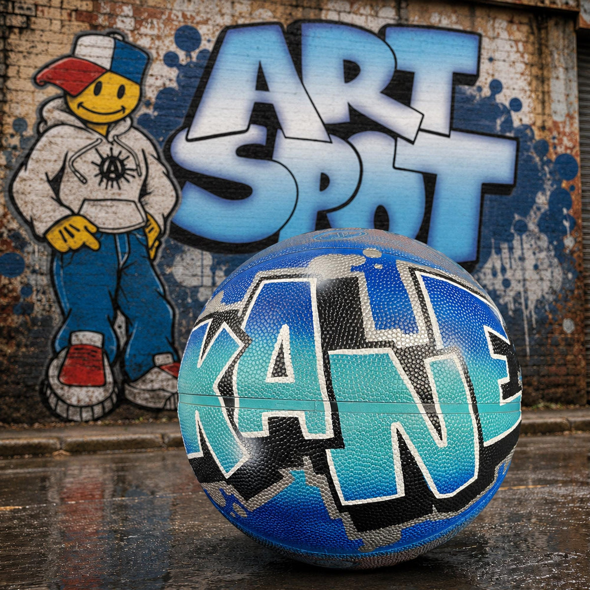 A basketball with the name "KANE" painted on it, sitting on a wet surface in front of a graffiti-covered wall.