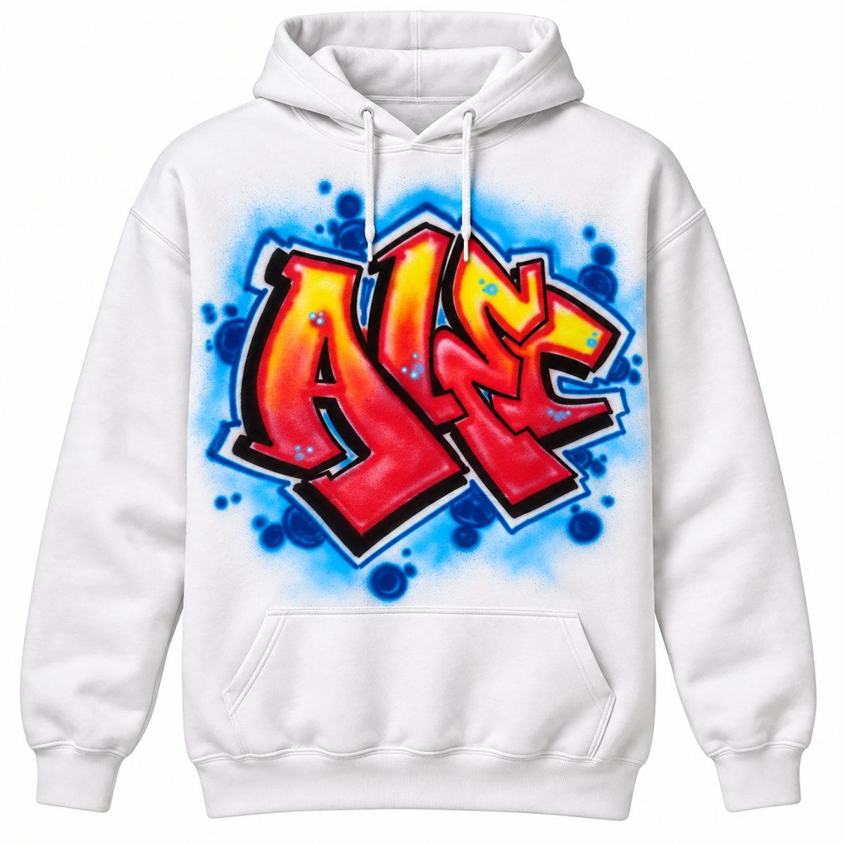 A white hoodie with a colorful graffiti-style design featuring the letters "ALE" in red, orange, and blue colors.