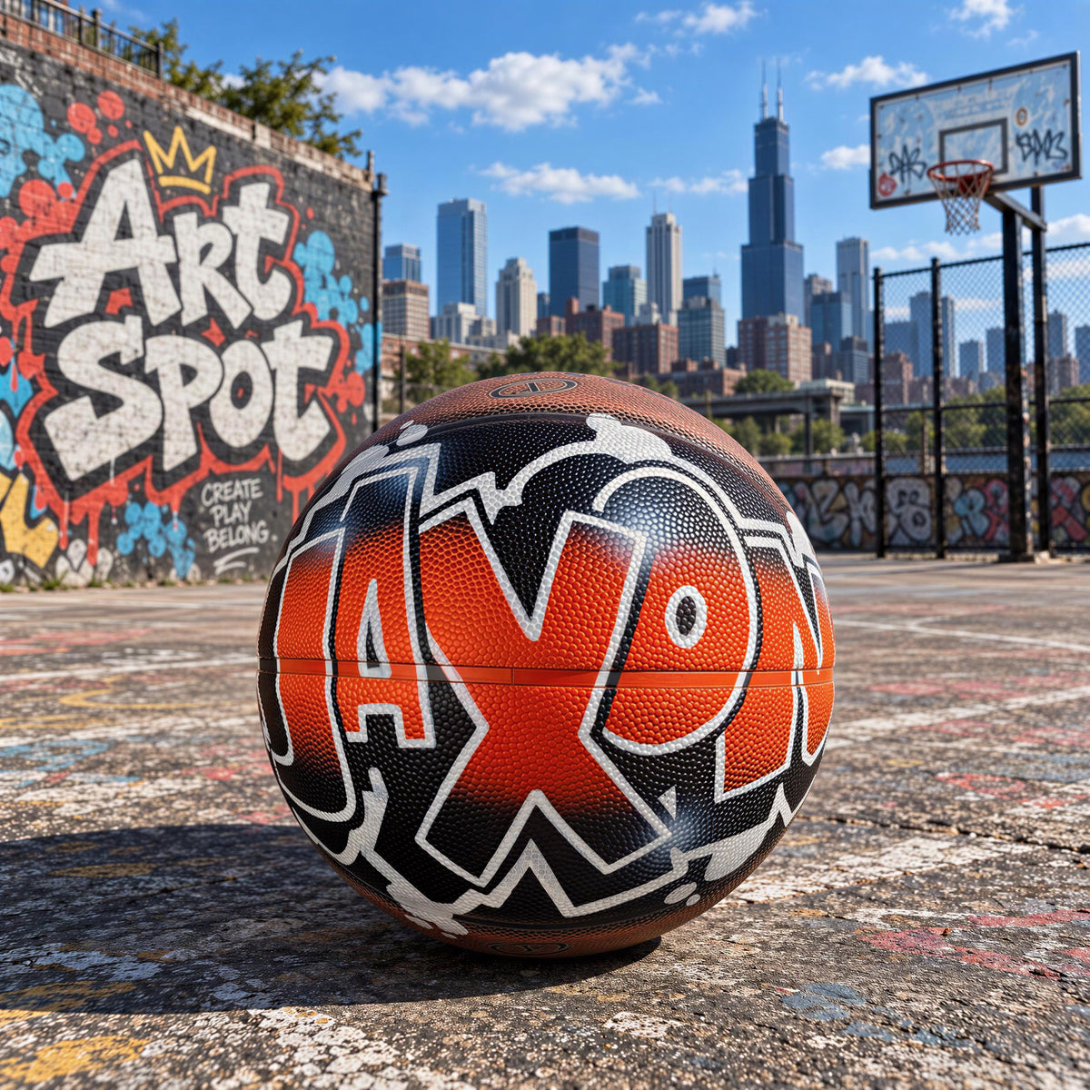 A basketball with the word "JAXON" painted on it, sitting on a concrete surface in an urban setting with a graffiti-covered wall in the background.