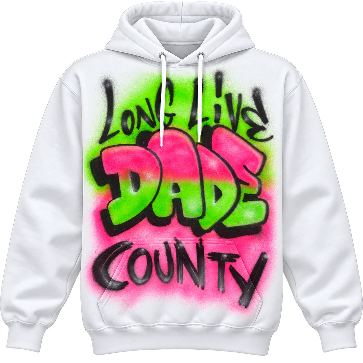 A white hoodie with a colorful graffiti design on it.