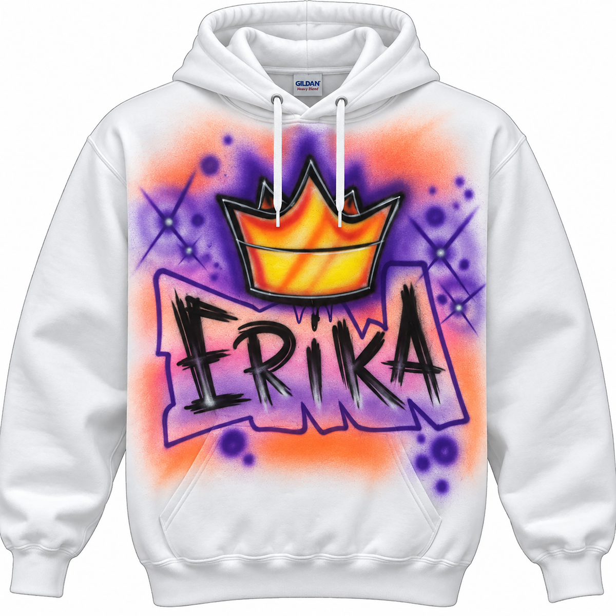 A white hoodie with a colorful graffiti-style design featuring a crown and the name "FRIKA" written in bold, stylized letters.