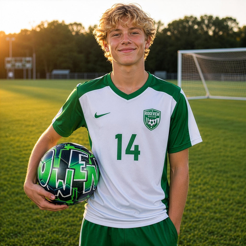 A young man in a green and white soccer jersey stands on a soccer field, holding a soccer ball.