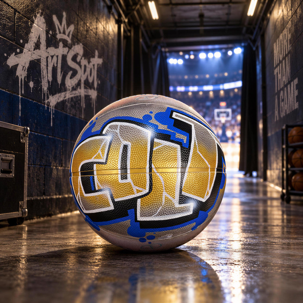A basketball with a colorful, graffiti-style design on it, placed in a dimly lit hallway with a basketball hoop visible in the background.