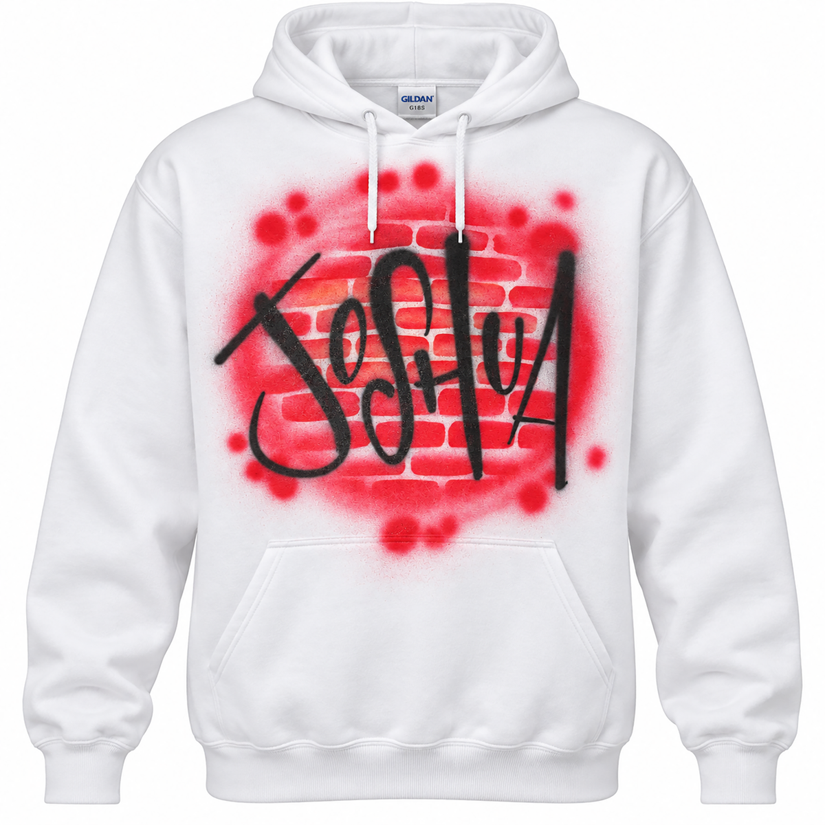 A white hoodie with a red graffiti design featuring the name "Josie" in black stylized text.