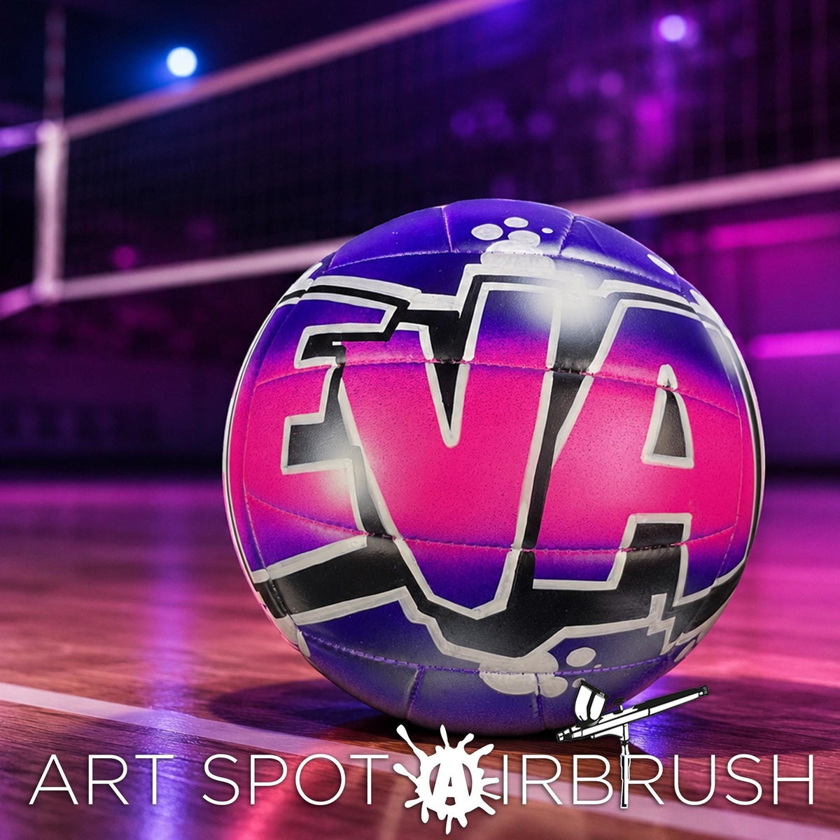 A volleyball with the word "EVA" written on it, sitting on a court with a purple and pink background.