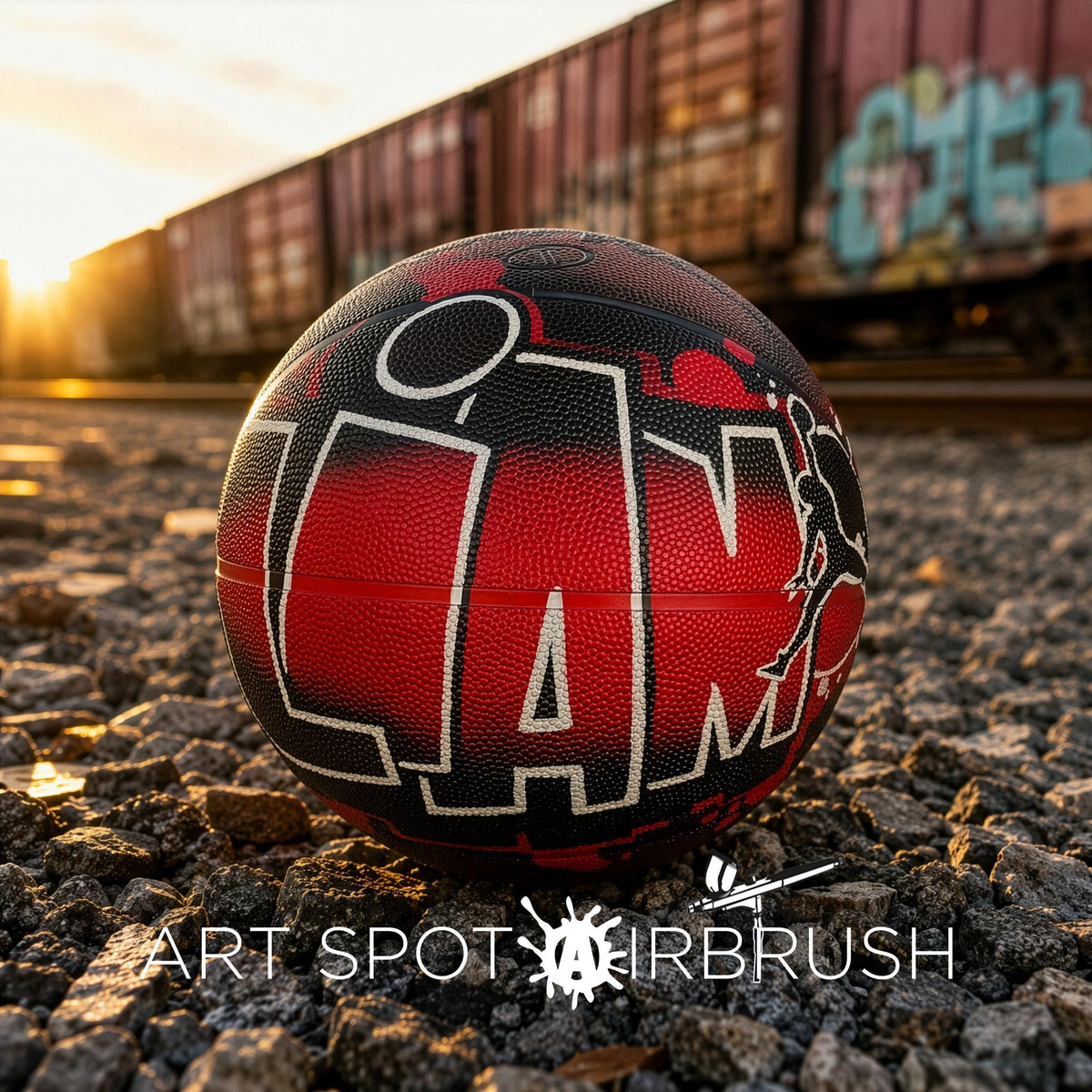 A basketball with the word "LAM" painted on it, sitting on a gravel surface with a train in the background.