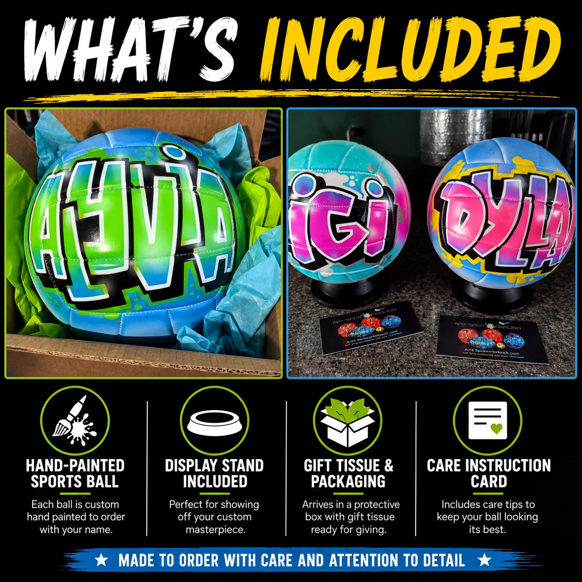 The image is a collage of two images, each featuring a custom-painted sports ball with the name "ALVI" written on it. The collage includes text descriptions of the items, such as "Hand-painted sports ball", "DISPLAY STAND INCLUDED", "GIFT TISSUE & PACKAGING", and "CARE INSTRUCTION CARD". The collage is made to order with care and attention to detail, and it is not a single image but a collection of images.