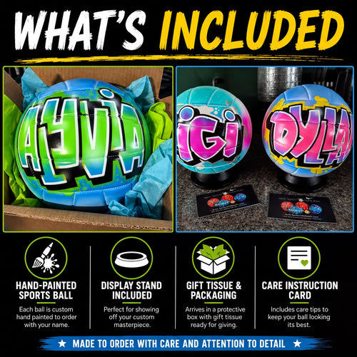 The image is a collage of two images, each featuring a custom-painted sports ball with the name "ALVI" written on it. The collage includes text descriptions of the items, such as "Hand-painted sports ball", "DISPLAY STAND INCLUDED", "GIFT TISSUE & PACKAGING", and "CARE INSTRUCTION CARD". The collage is made to order with care and attention to detail, and it is not a single image but a collection of images.