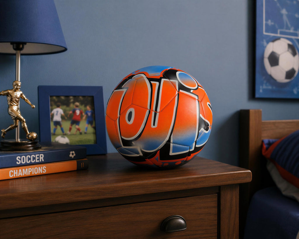 a bedroom setting with a soccer ball prominently displayed on a wooden dresser. The dresser also holds a lamp, a framed photo, and a stack of books.