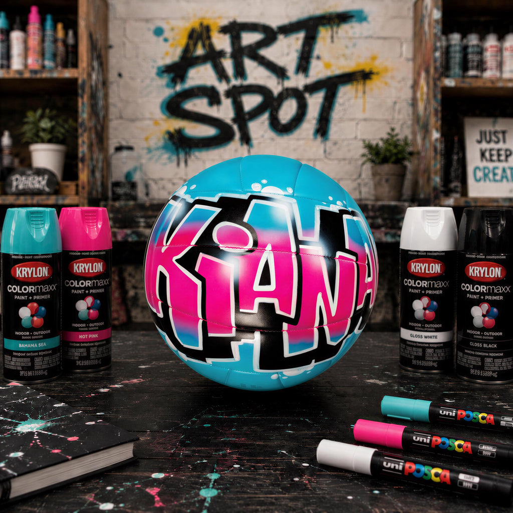 a blue and pink spray-painted ball with the word "KIAH" written on it, surrounded by various spray paint cans and markers on a table.