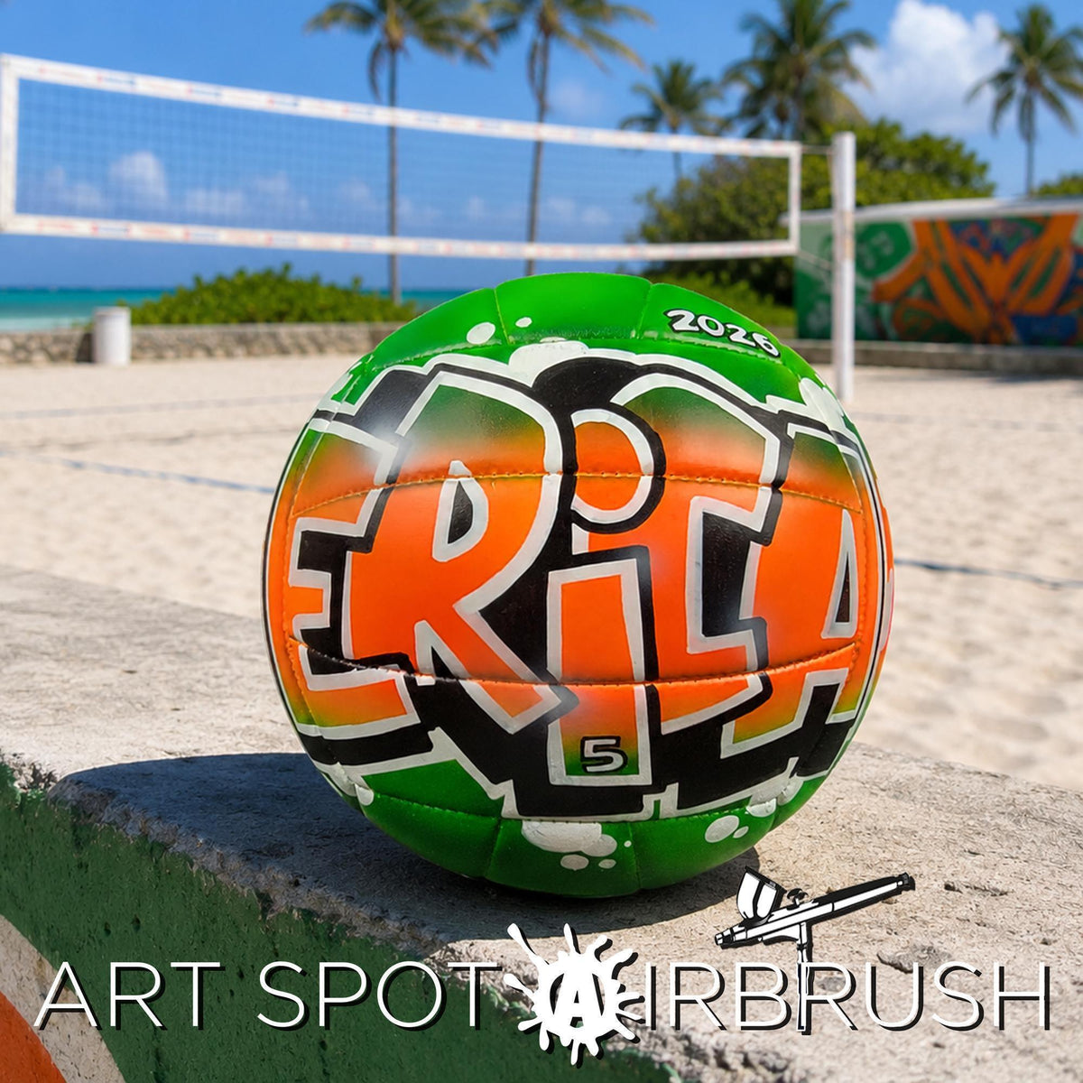 A green and orange custom volleyball with the word "Erica" painted on it, sitting on a concrete ledge near a volleyball net and palm trees.