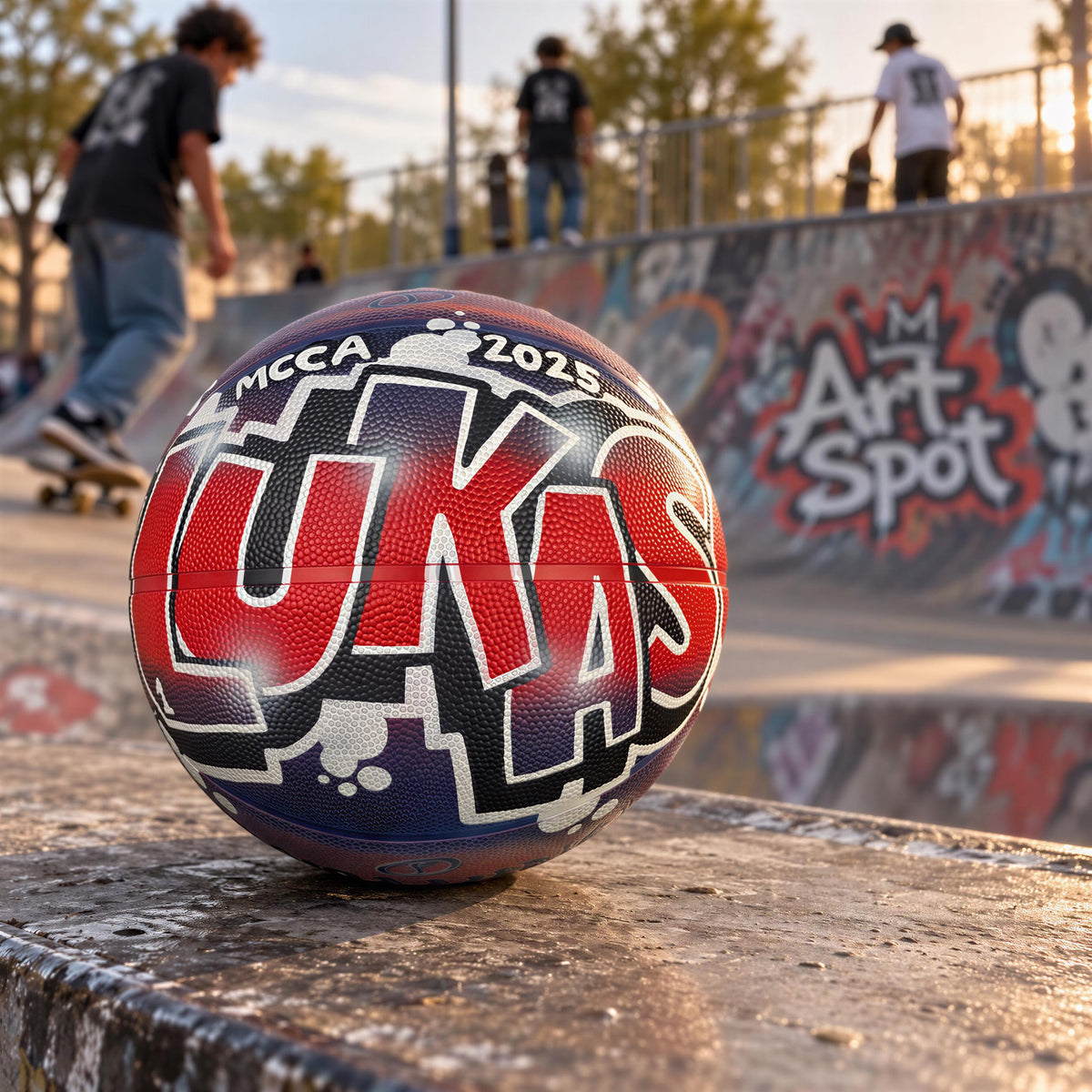A basketball with the word "LUKAS" written on it, sitting on a ledge at a skate park.