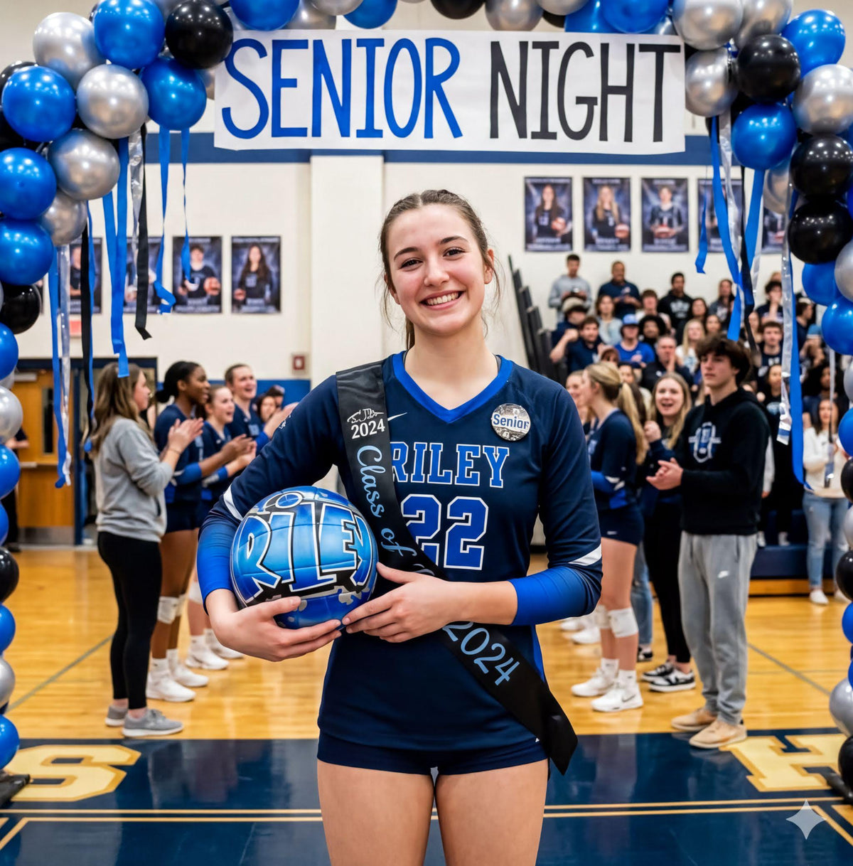 A smiling young woman in a blue volleyball uniform holding a volleyball, standing in front of a banner that reads "SENIOR NIGHT" and surrounded by balloons and other people in a gymnasium.