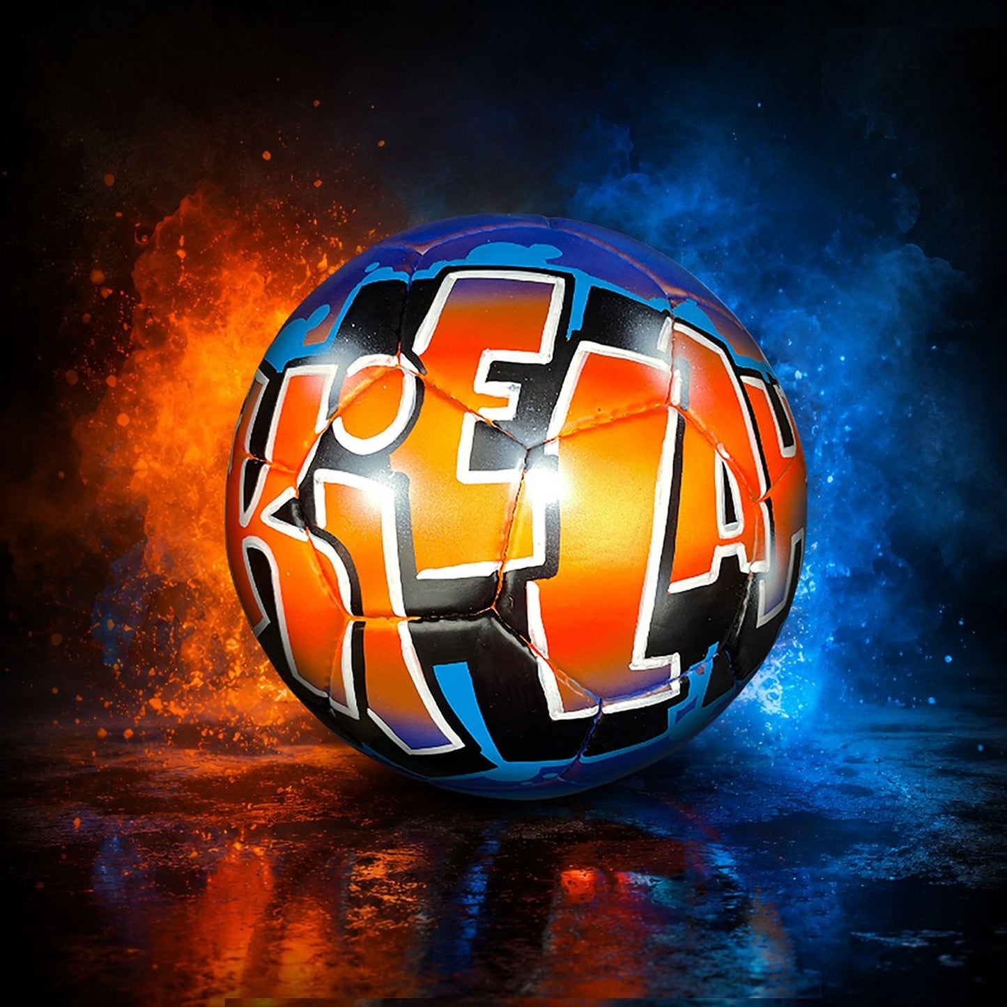 A colorful, graffiti-style soccer ball with the word "REA" written on it, surrounded by a fiery background.