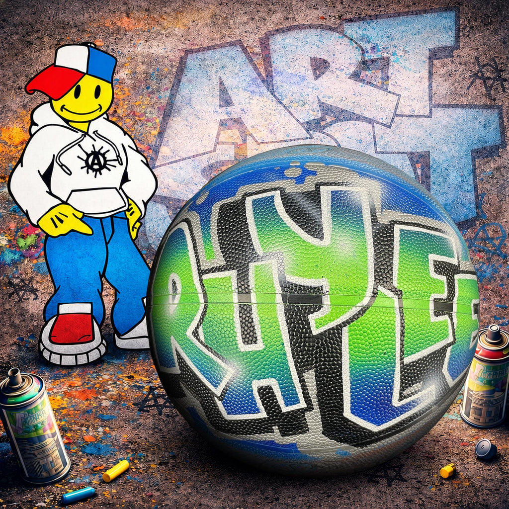 a cartoon character standing next to a basketball with graffiti on it, surrounded by graffiti and spray paint cans.