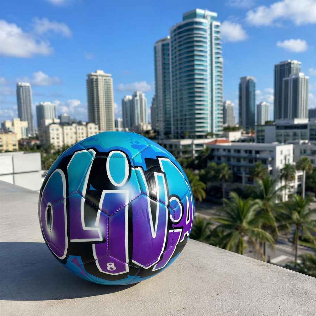 A colorful soccer ball with the word "OLIV" painted on it, placed on a rooftop overlooking a city skyline with tall buildings.
