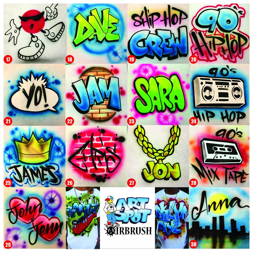 a collage of various graffiti-style designs and names, including a red character, a person's name, and a mix tape.