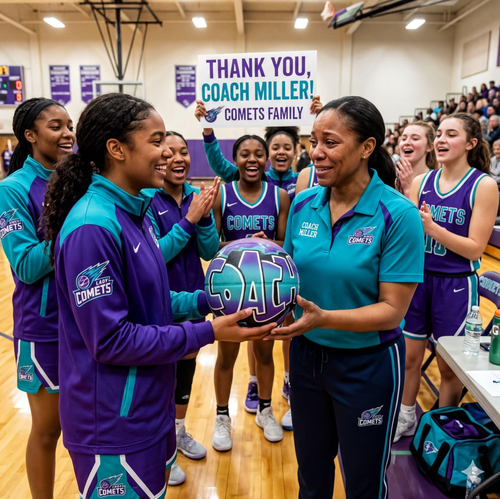 A group of young women in purple and teal basketball uniforms are gathered in a gymnasium, with one woman holding a basketball and another woman holding a sign that says "Thank you, Coach Miller!"