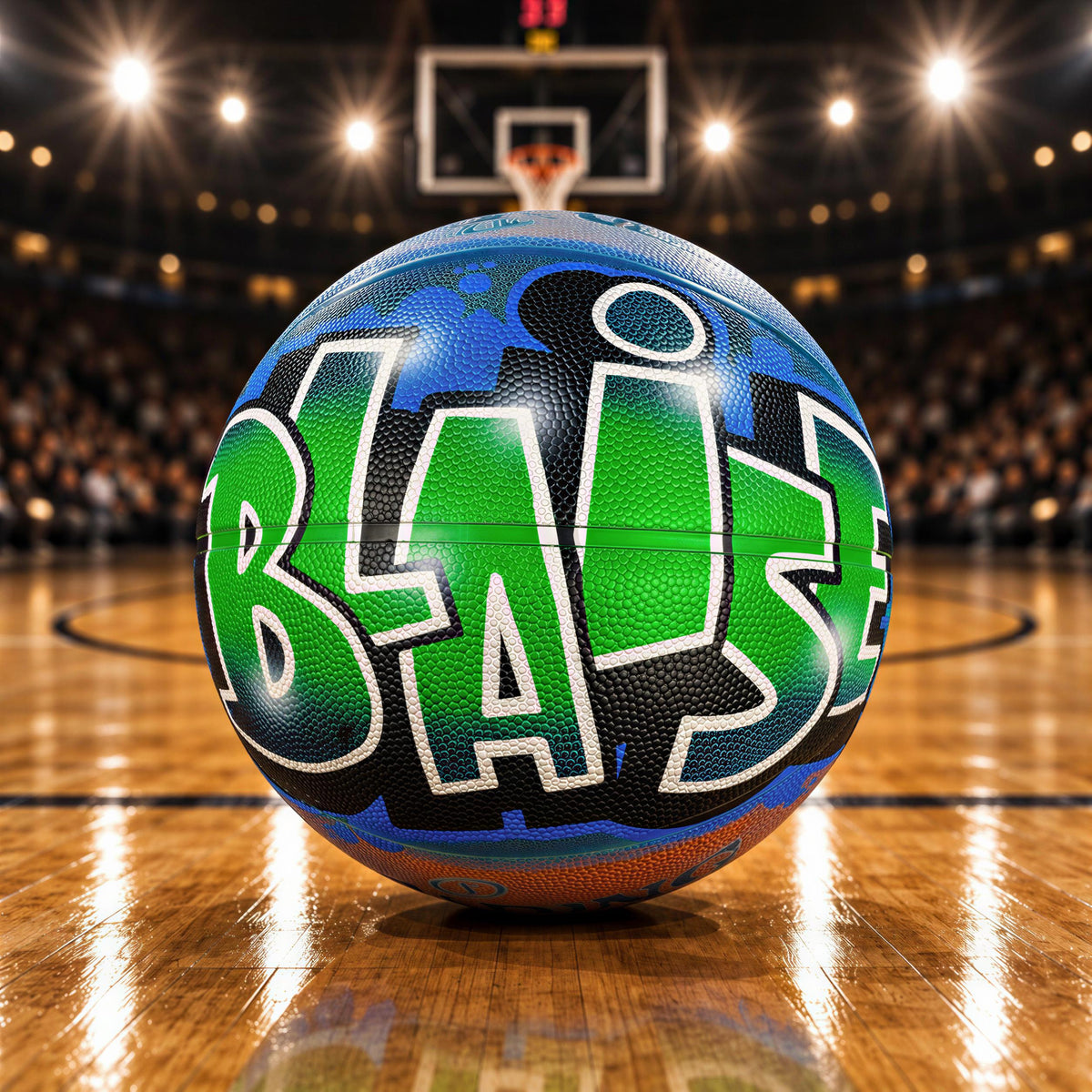 A basketball with the word "Blaise" painted on it, sitting on a basketball court with a blurred audience in the background.
