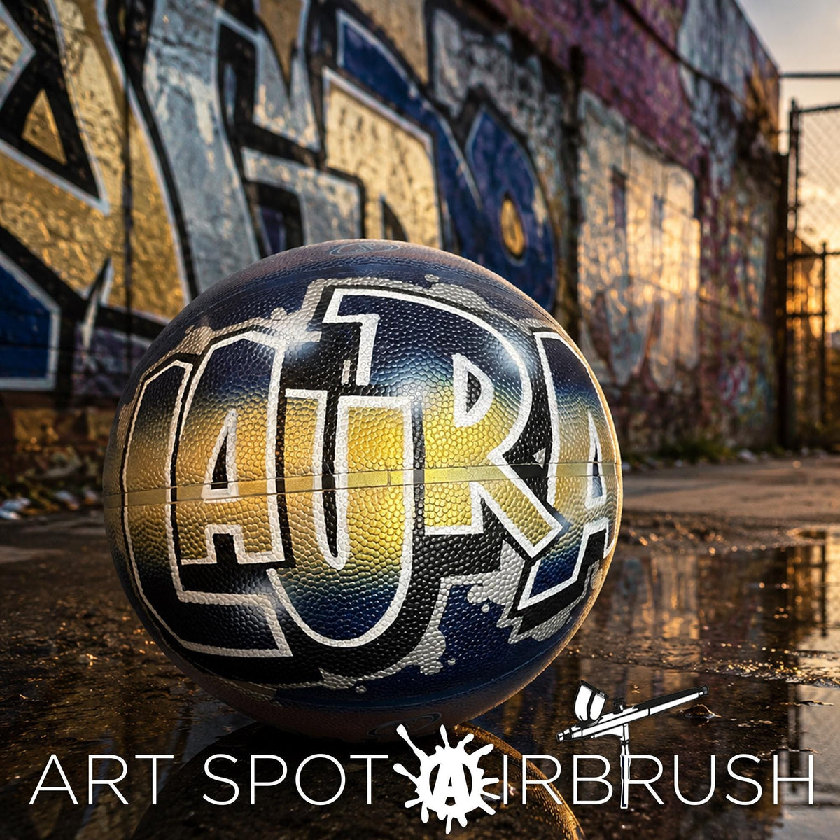 A colorful sports ball with the word "AURA" written on it, placed on a reflective surface in front of a graffiti-covered wall.