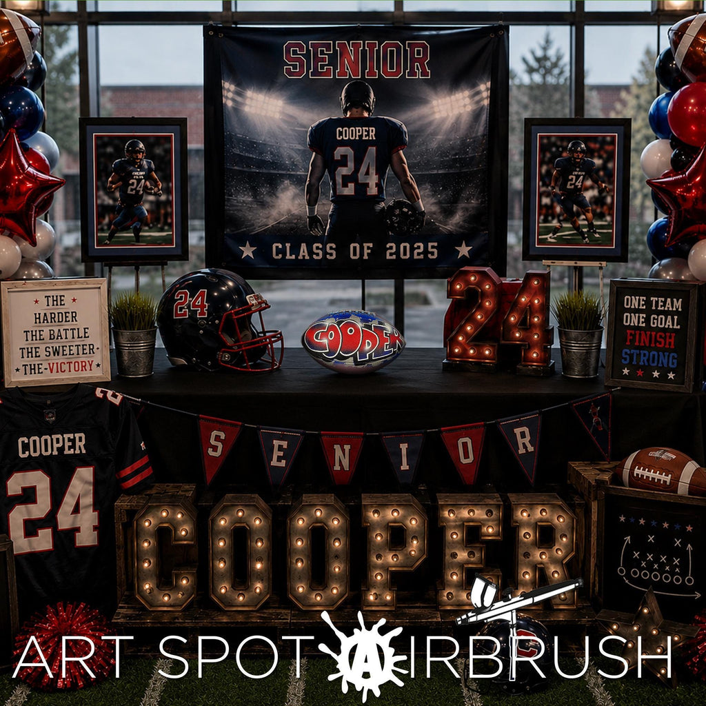 The image is a display celebrating the graduation of a football player named Cooper, featuring a banner with the name "COOPER" and a football helmet, as well as various football-related items such as a football, a football jersey, and a custom football personalized with a name.