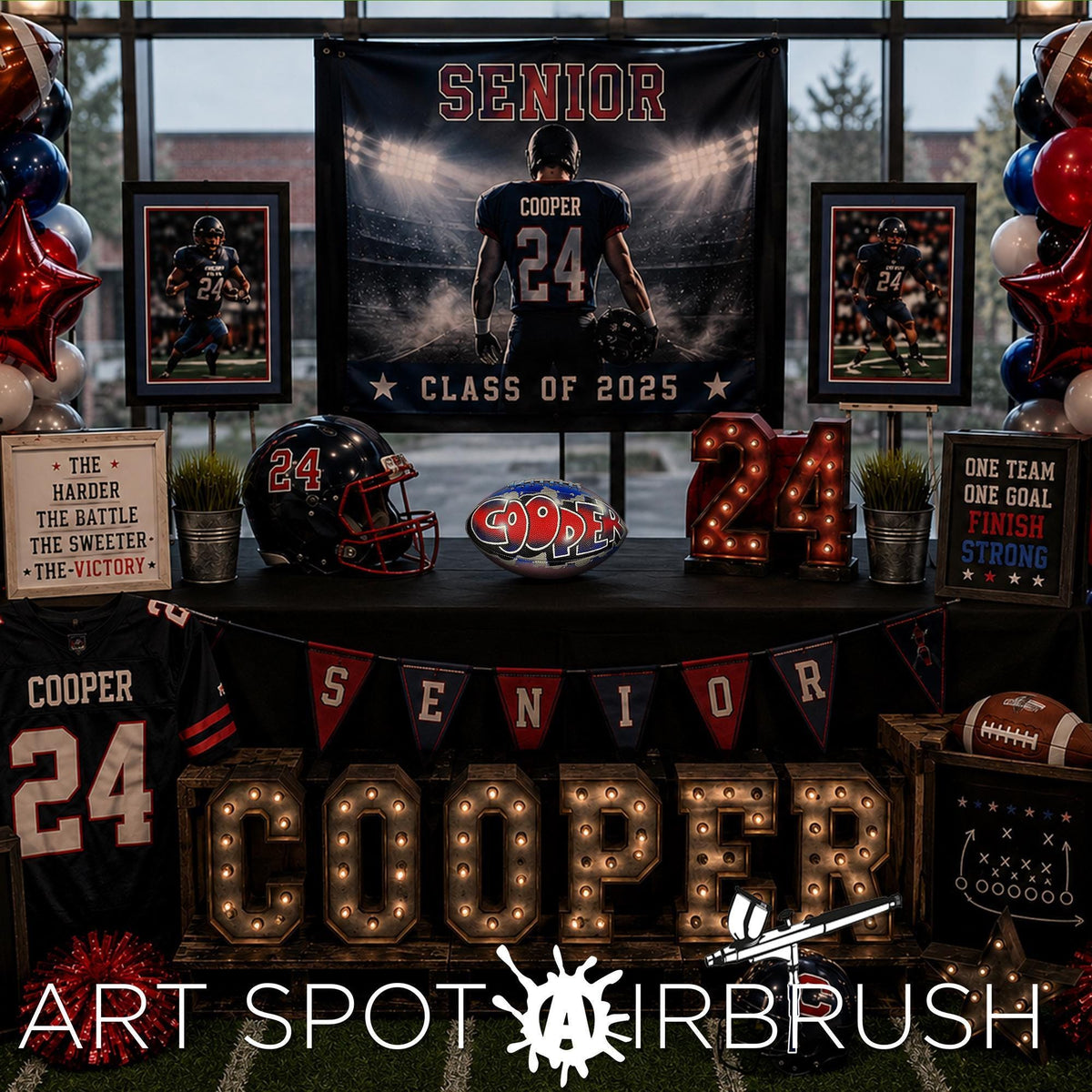 The image is a display celebrating the graduation of a football player named Cooper, featuring a banner with the name "COOPER" and a football helmet, as well as various football-related items such as a football, a football jersey, and a custom football personalized with a name.